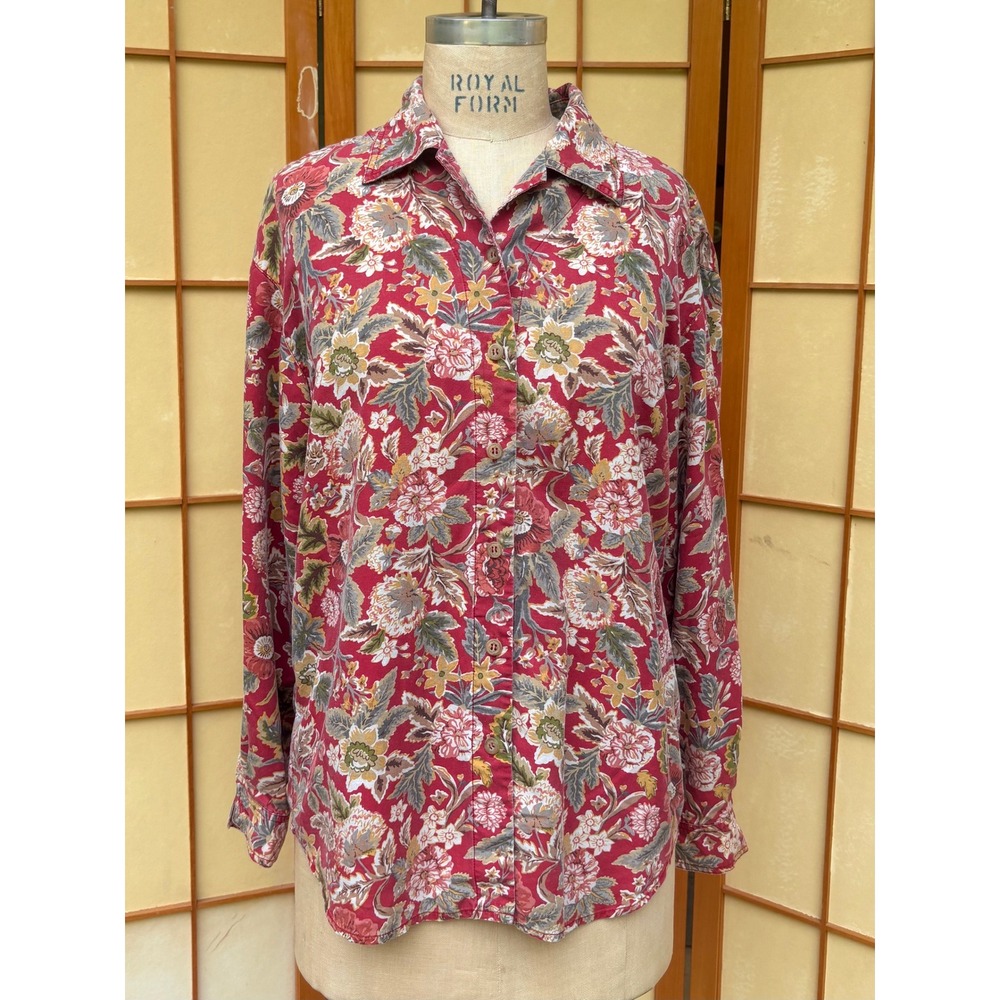 Vintage Floral Button Down 100% Rayon Red Lizwear Liz Claiborne Size S